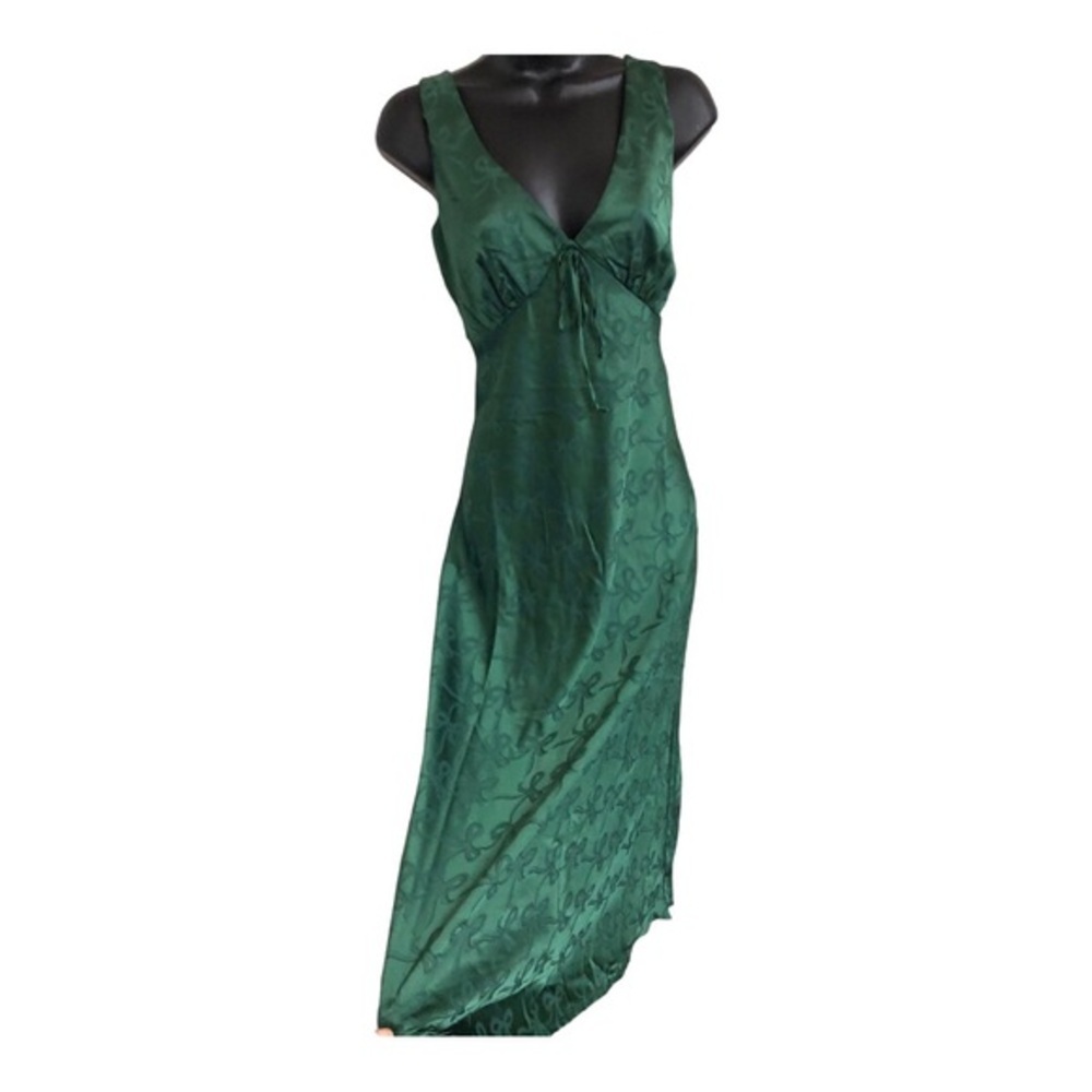 Trixxi emerald festive‎ green bow print v-neck smocked satin effect dress size L